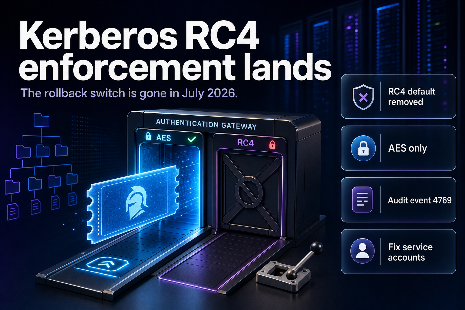 Kerberos authentication gateway with the RC4 lane closed and the AES lane open