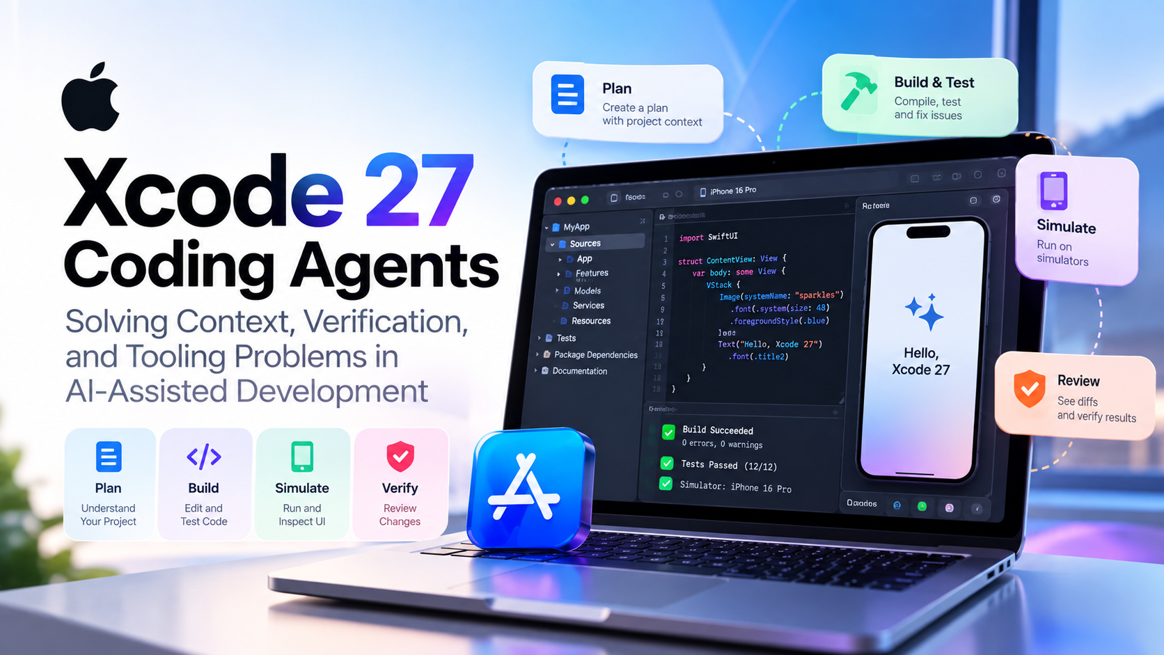 Xcode 27 coding agents title card: a laptop running Xcode, with panels for plan, build and test, simulate and review.