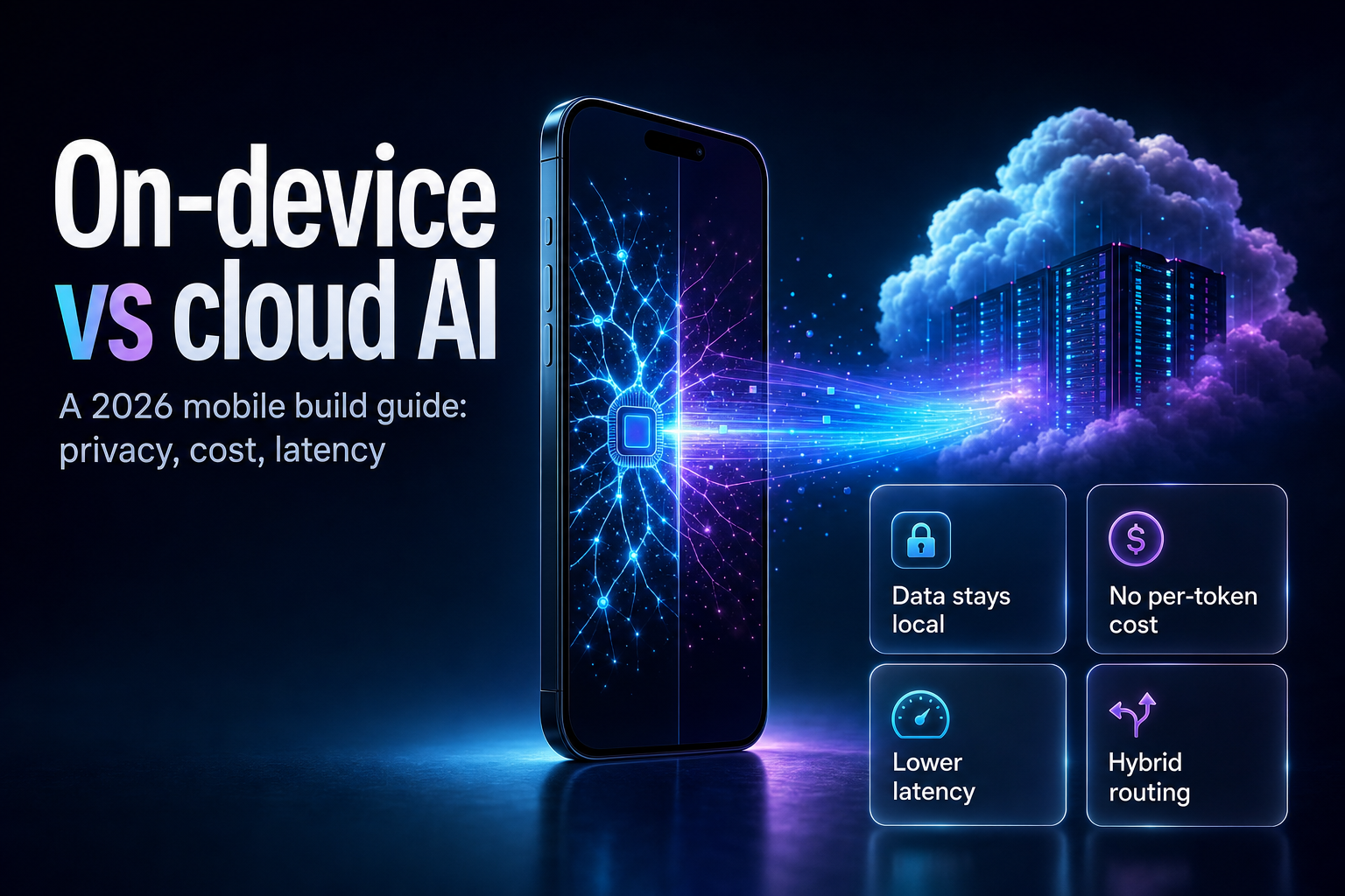 A smartphone with a glowing neural core beside a distant cloud data center linked by a light beam