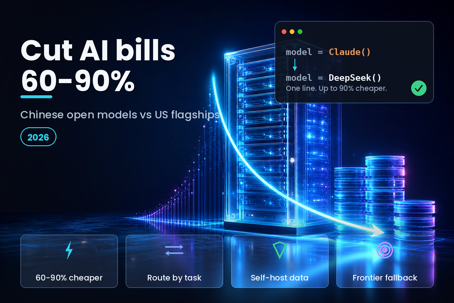 3D render of a glowing server rack beside a downward cost curve on a dark studio background