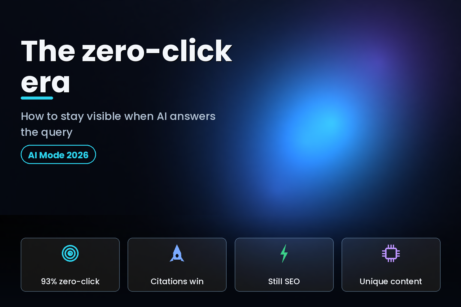 Glowing AI answer panel absorbing search results on a dark studio background
