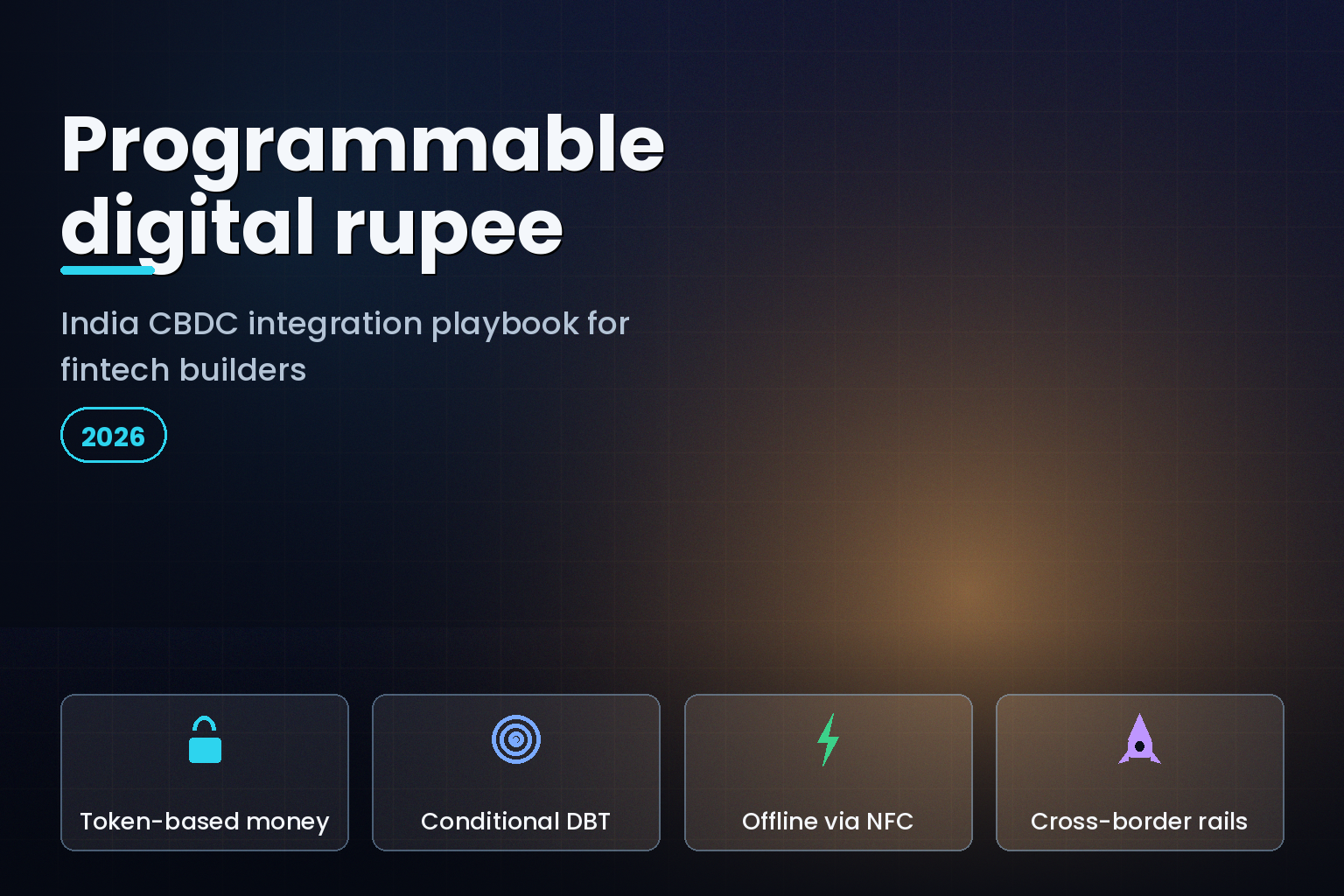 Glowing digital rupee token hovering above a secure payment terminal with light circuit traces