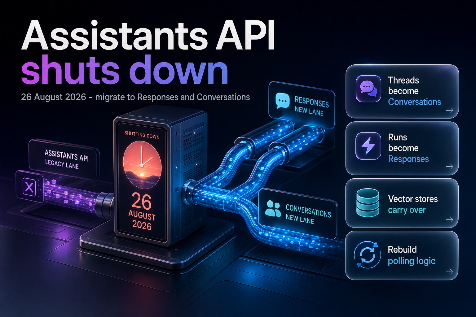 Diagram of OpenAI Assistants API objects rerouting to Responses and Conversations before the 26 August 2026 shutdown