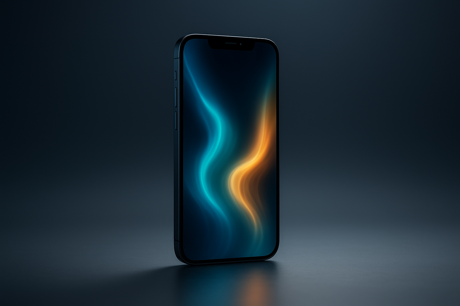 Premium smartphone on studio surface with glowing abstract screen and blue-amber lighting