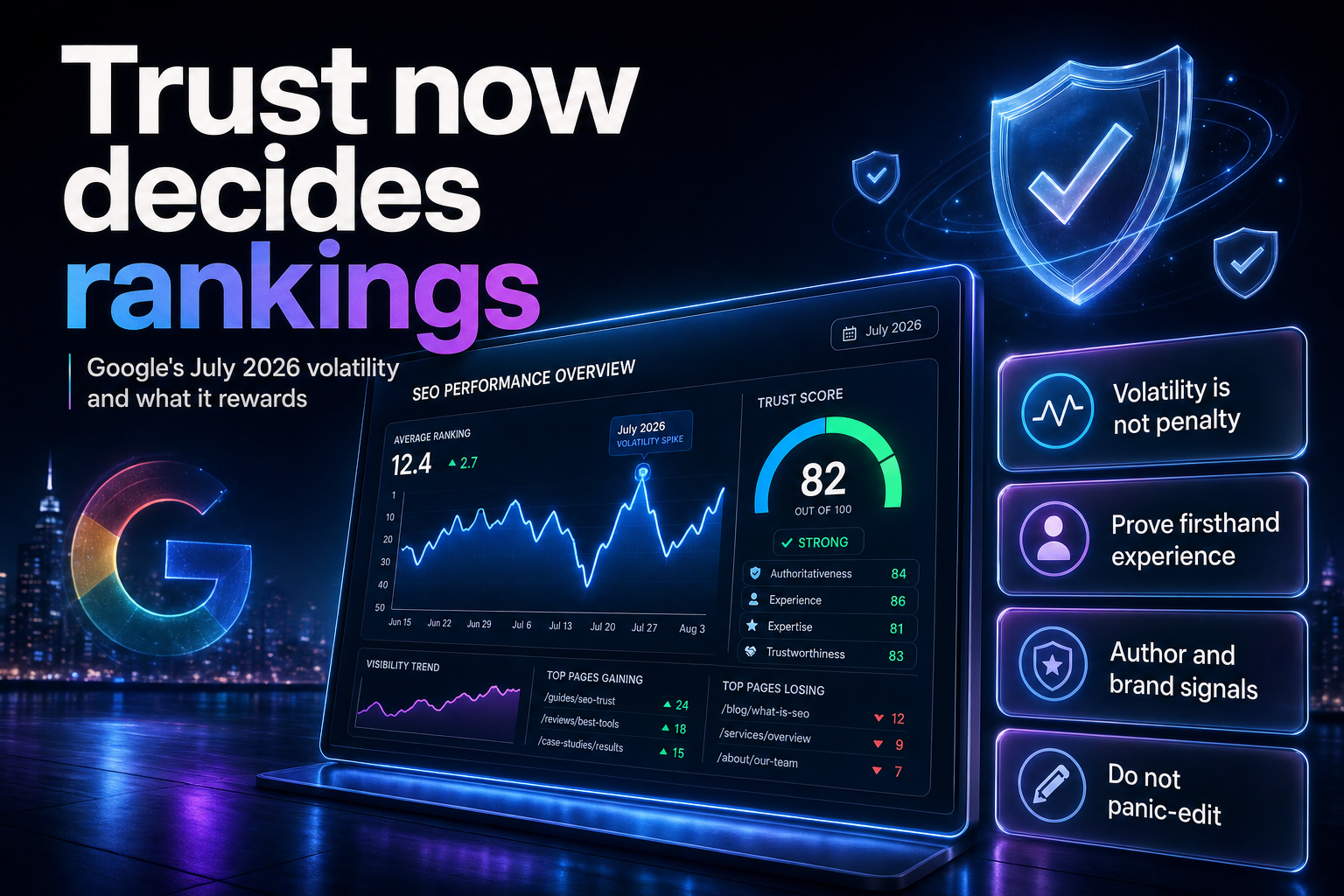 Analytics dashboard with a ranking line and rising trust gauge
