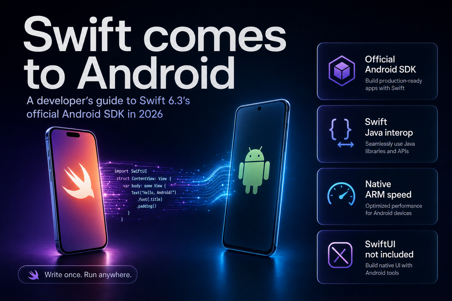 Two glowing smartphones joined by a luminous code bridge on a dark studio set