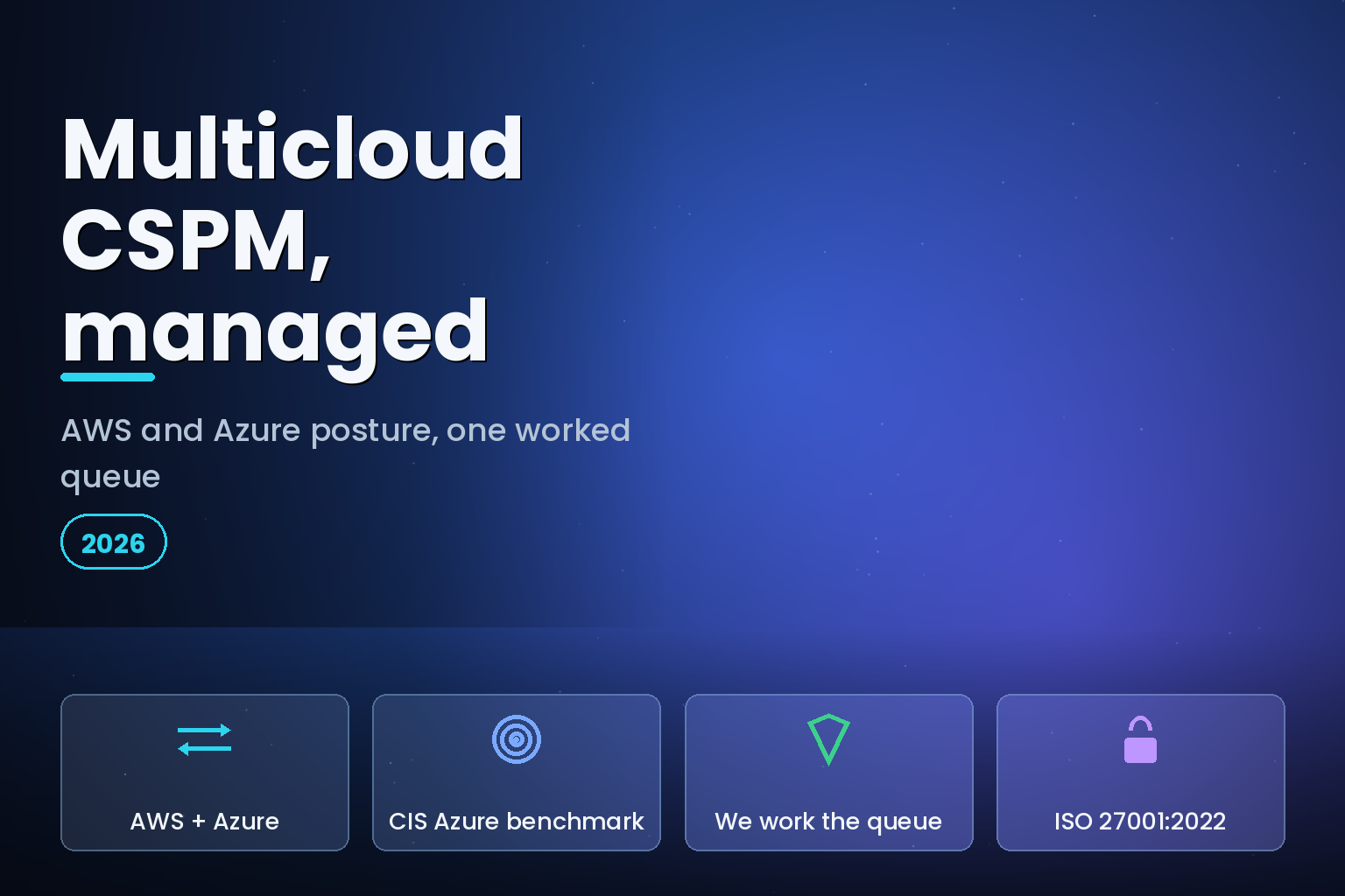 Two cloud shapes joined under a shield of light, representing managed multicloud security posture