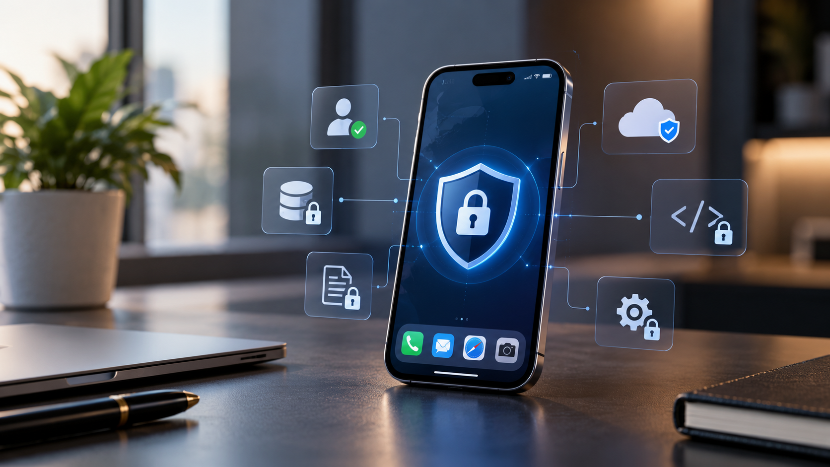 Smartphone with a security shield linked to icons for identity, database, documents, cloud, code and settings, each locked
