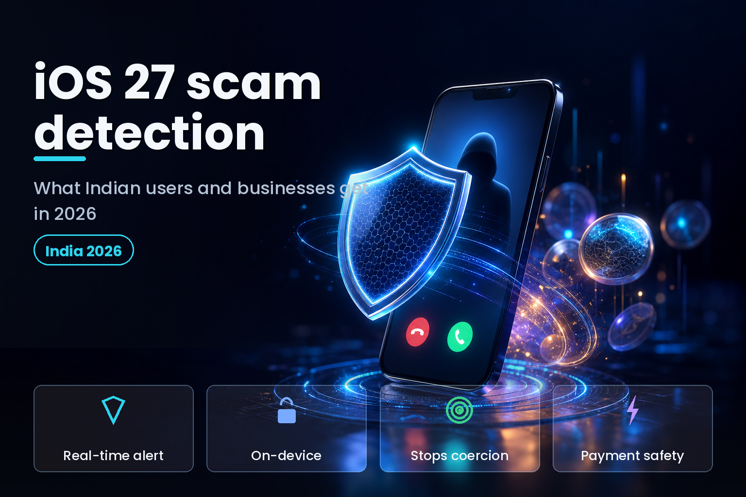 Glowing shield protecting a smartphone from a suspicious incoming call on a dark background