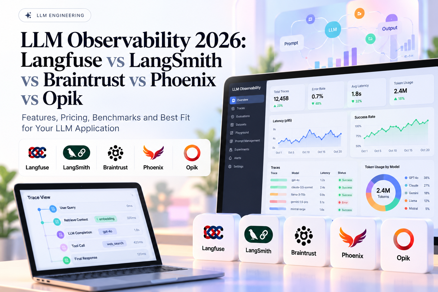 Title card comparing LLM observability tools Langfuse, LangSmith, Braintrust, Phoenix and Opik beside a tracing dashboard