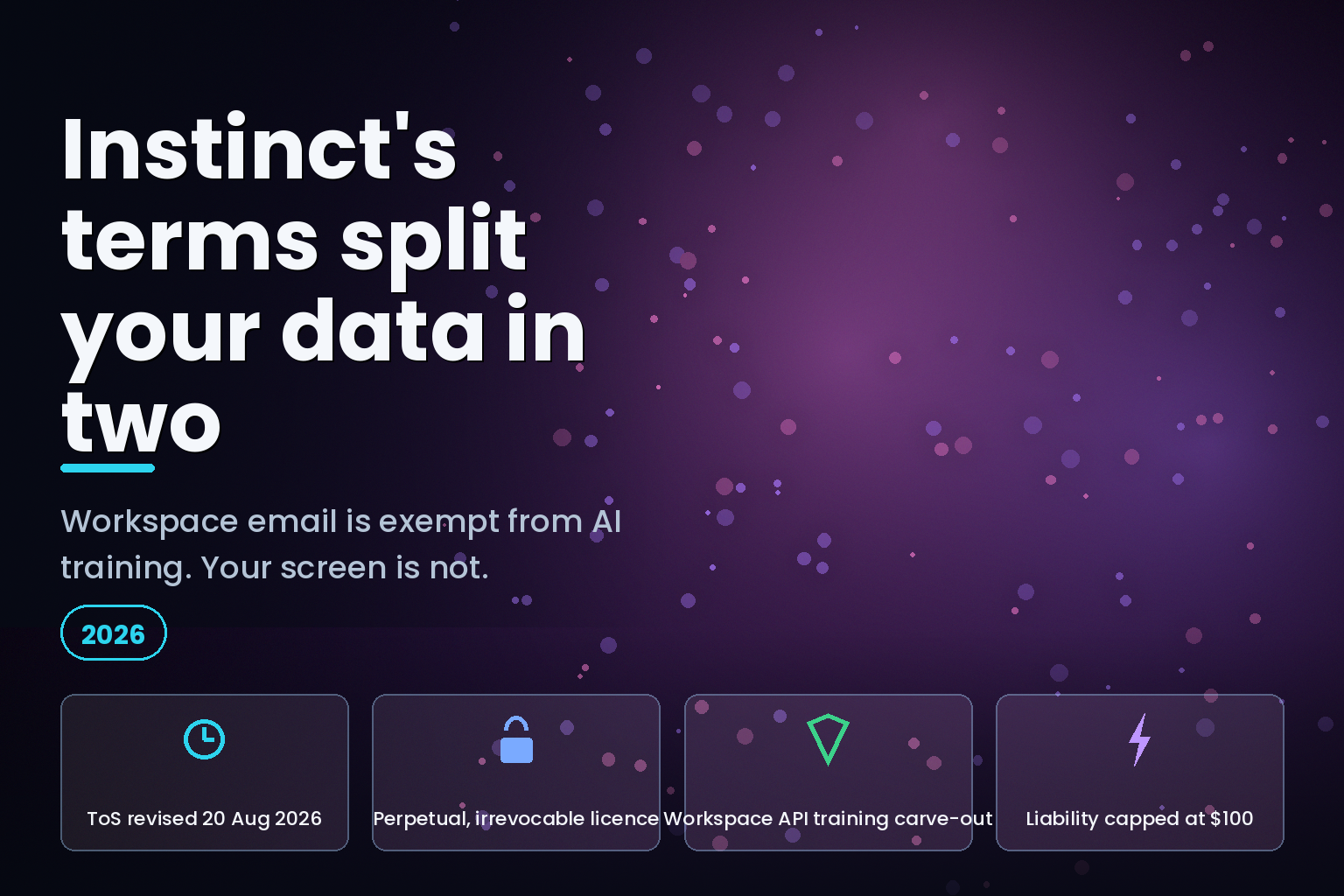 Instinct terms data split: Google Workspace email exempt from AI training, screen captures perpetually licensed
