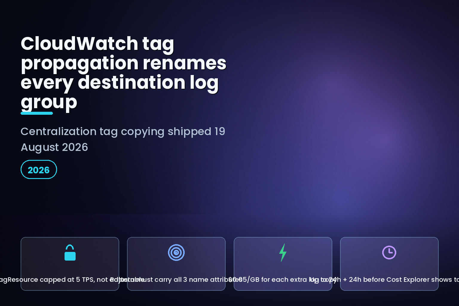 CloudWatch Centralization tag propagation limits: 5 TPS TagResource cap and three required log group name attributes