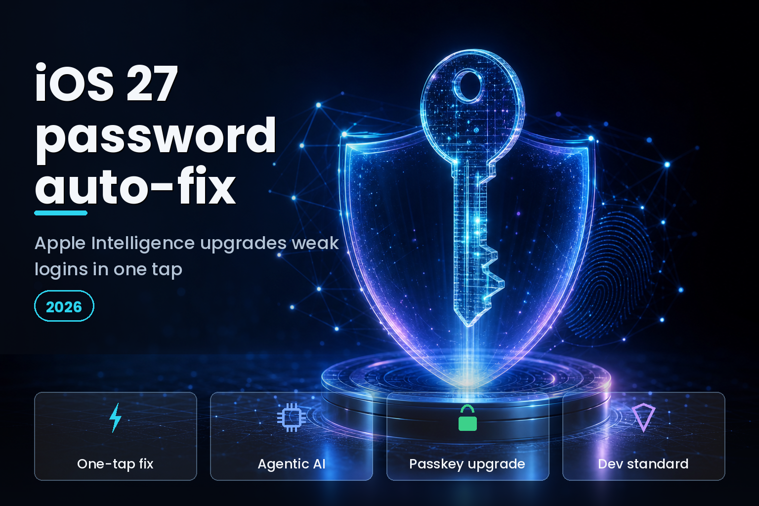 A glowing digital key transforming into a shield of light on a dark surface, a security motif