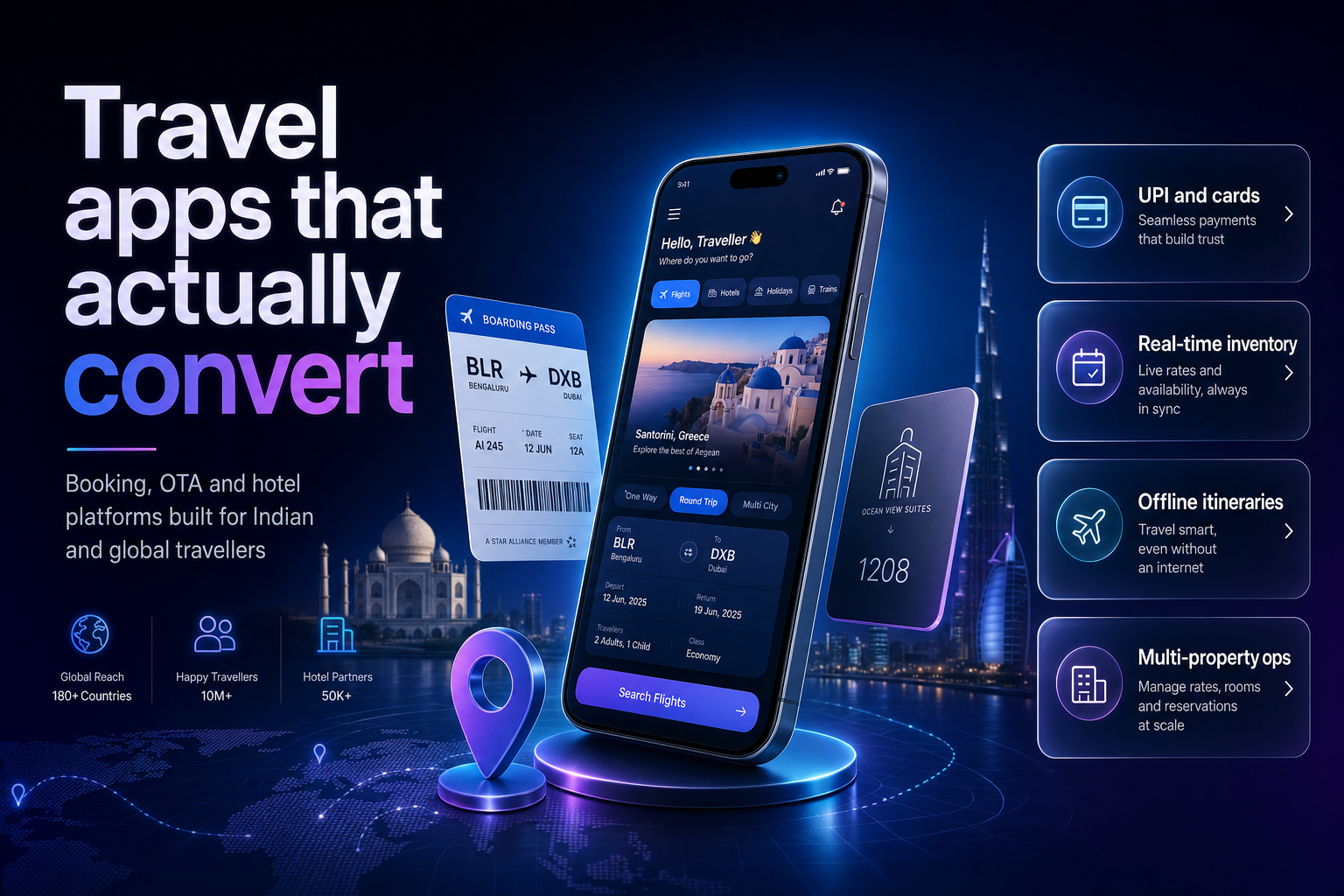 Smartphone showing a travel booking screen with boarding pass, key card and map pin floating around it
