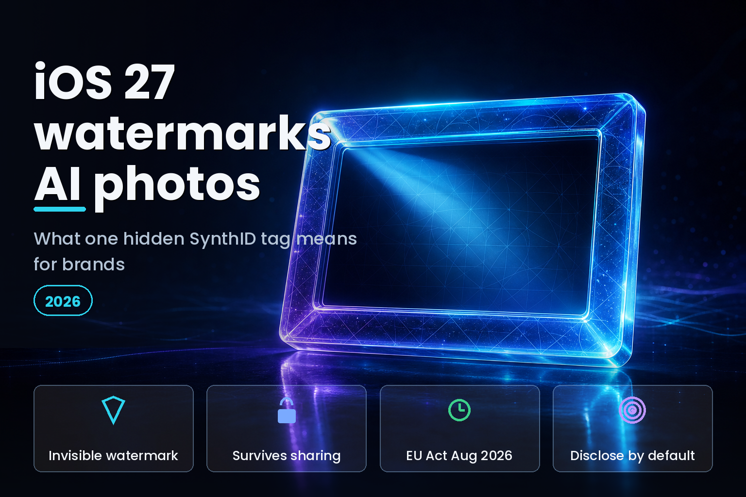Glowing photo frame on a dark surface revealing a hidden shimmering watermark pattern