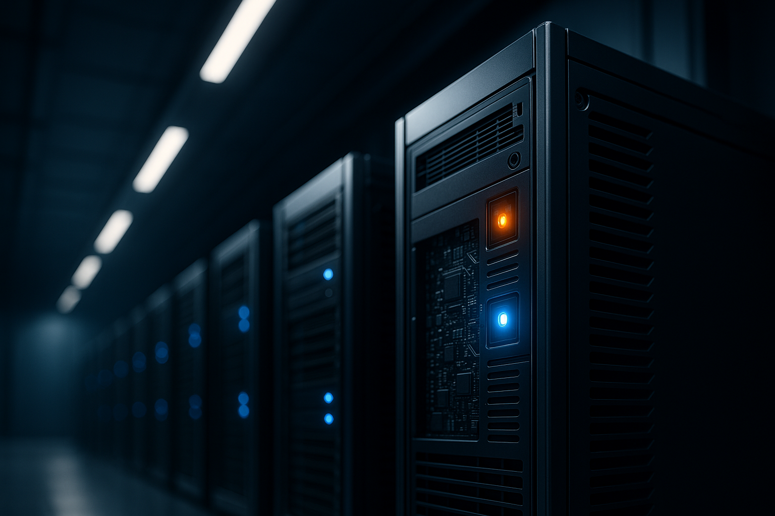 Modern server rack with glowing status lights in a data center corridor
