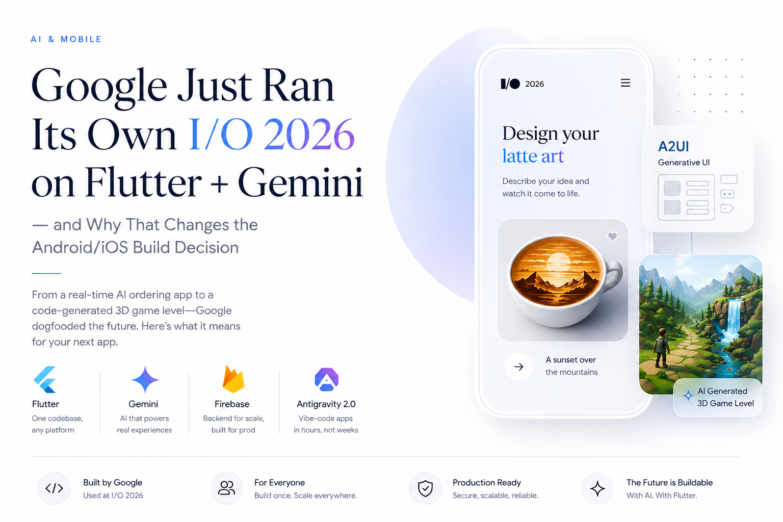 Google I/O 2026 attendee app built on Flutter and Gemini: generative-UI latte ordering and an AI-generated 3D game level.