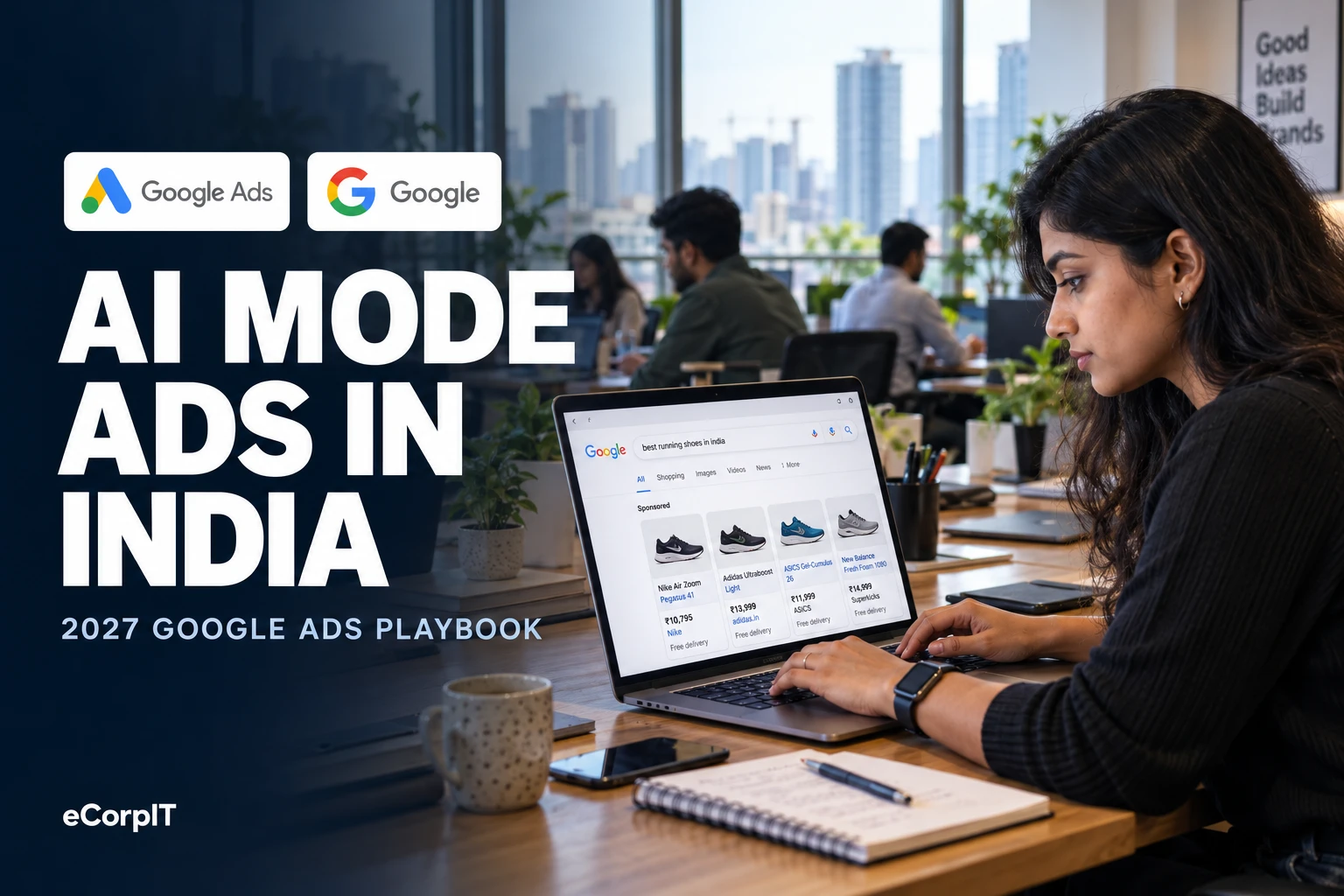 Woman typing on a laptop in a bright office as a Google search for running shoes shows Sponsored Shopping ads in rupees