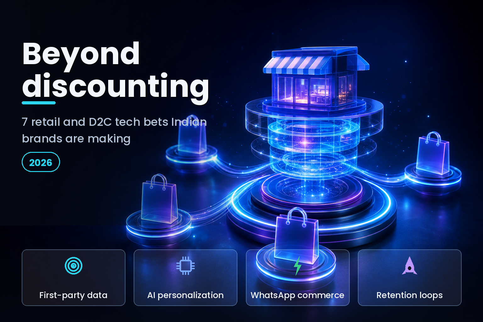 Glowing retail icons connected by light to a central data hub on a dark studio background