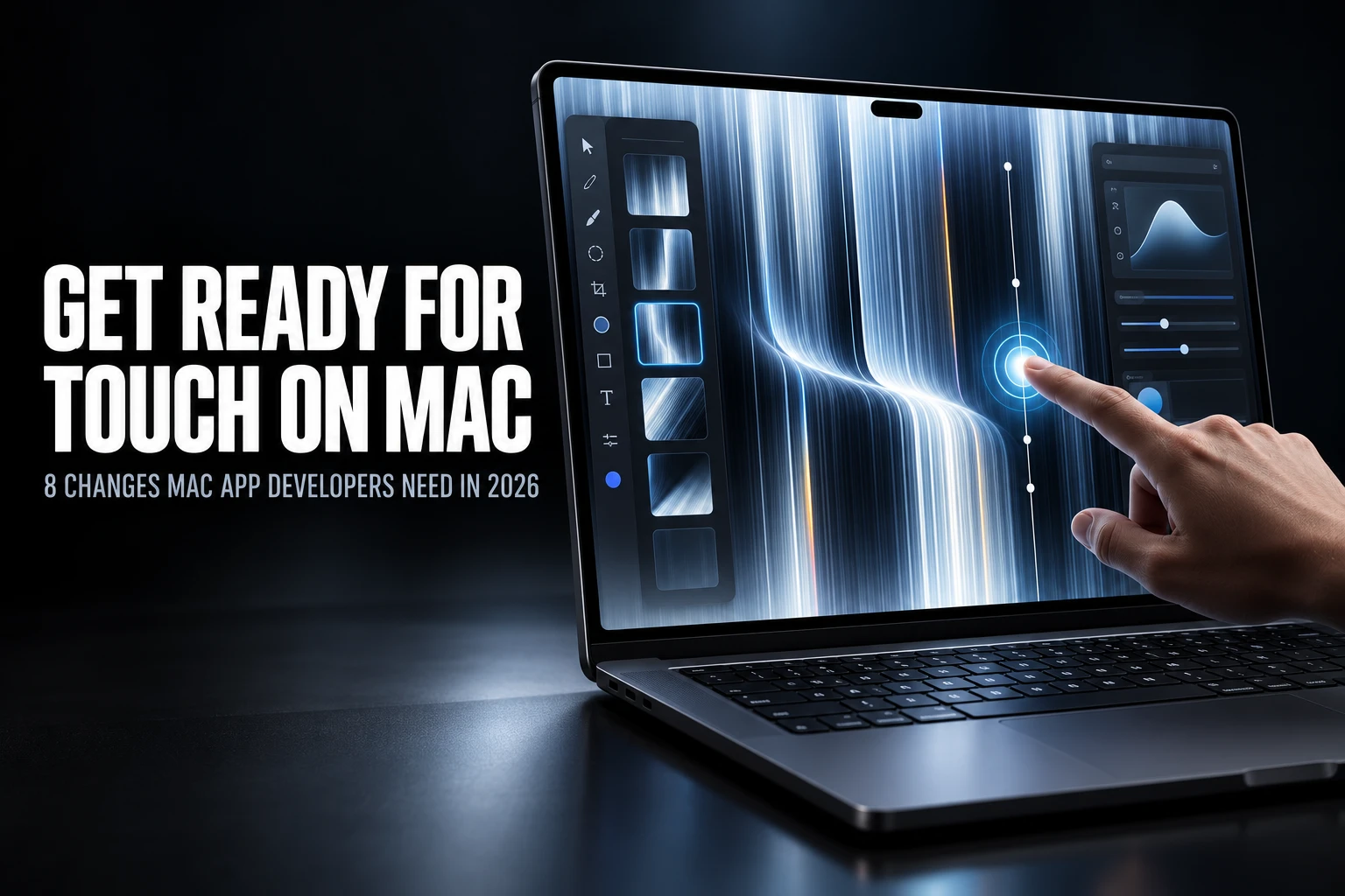 A finger touching a creative app on a MacBook Pro display, beside the headline Get ready for touch on Mac