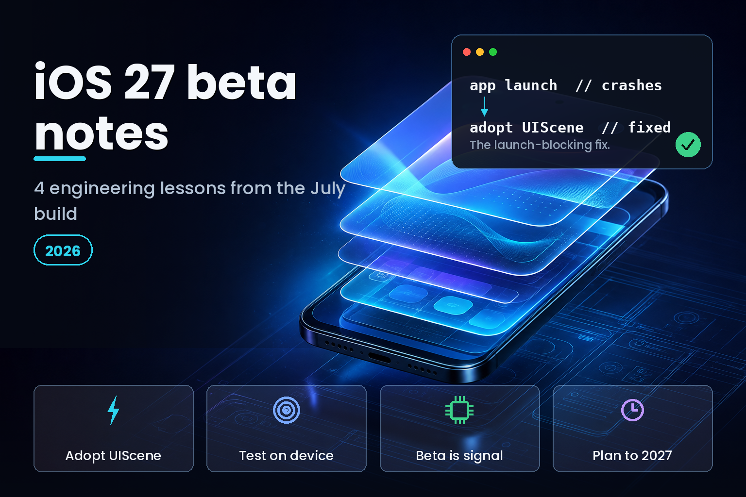 Smartphone showing a glassy layered interface beside blueprint wireframes on a dark desk