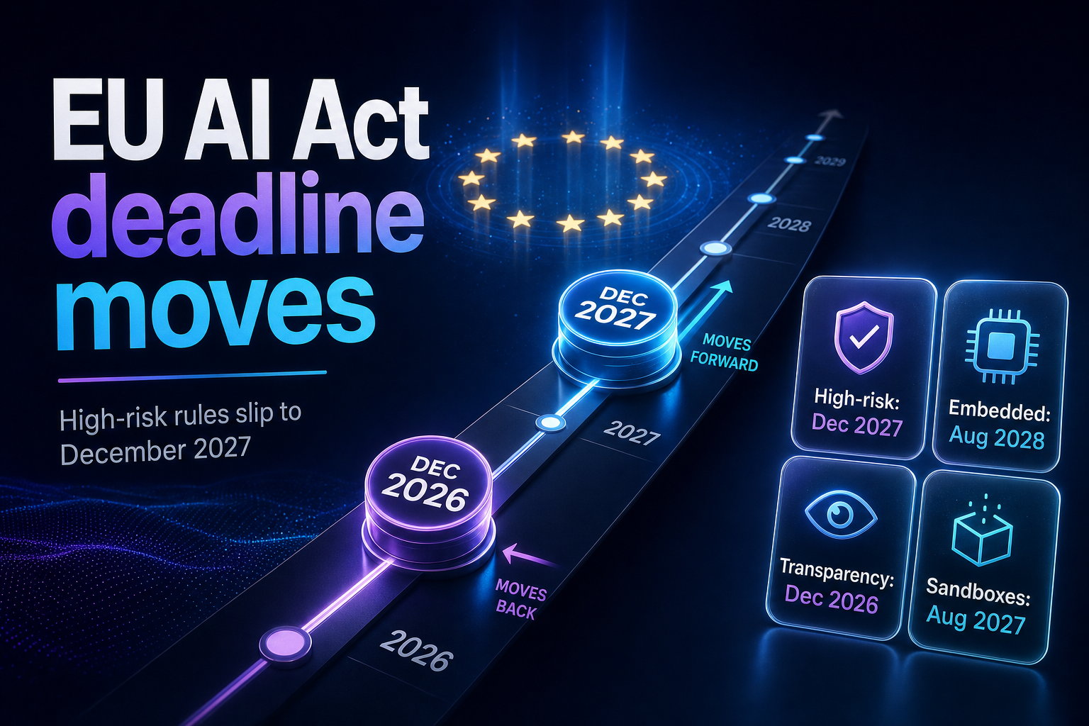 Timeline graphic showing EU AI Act high-risk deadlines moving to December 2027