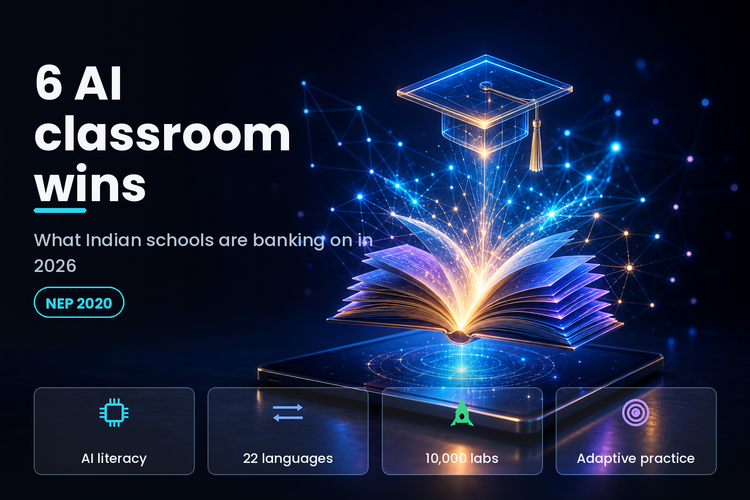 Bright modern Indian classroom with glowing tablets on desks and a digital learning board