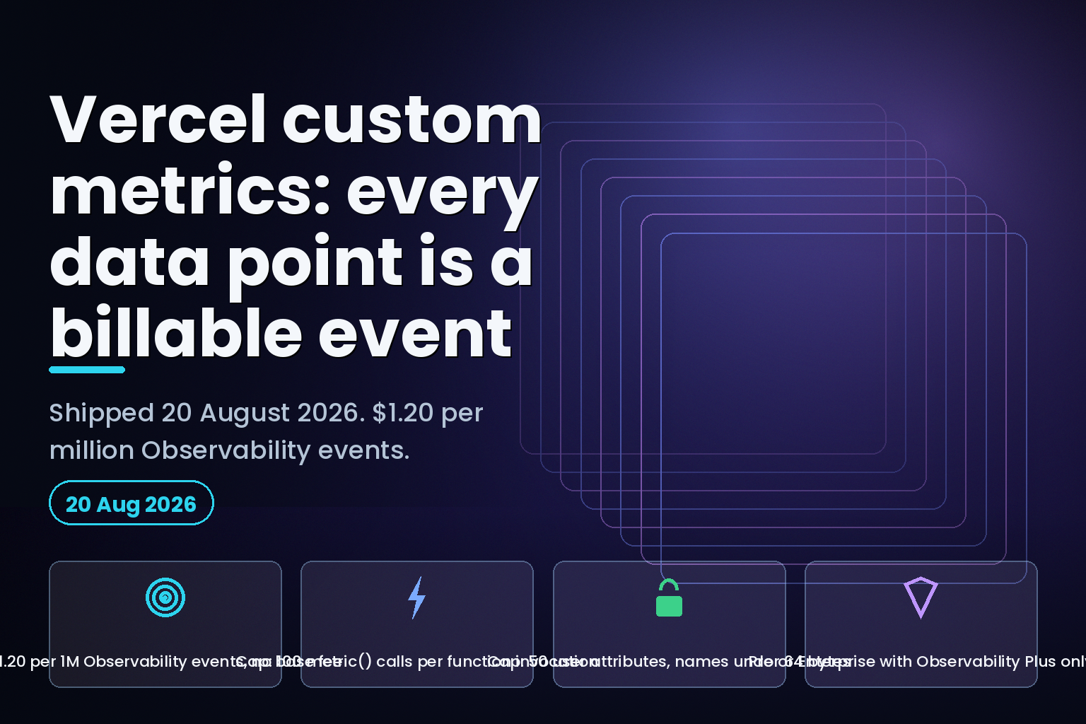 Vercel custom metrics billing and limits, August 2026