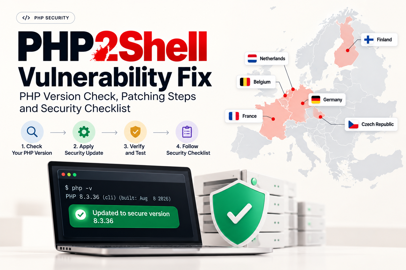 Title card for a PHP2Shell fix guide with check, apply, verify and checklist steps, a php -v terminal and a map of Europe