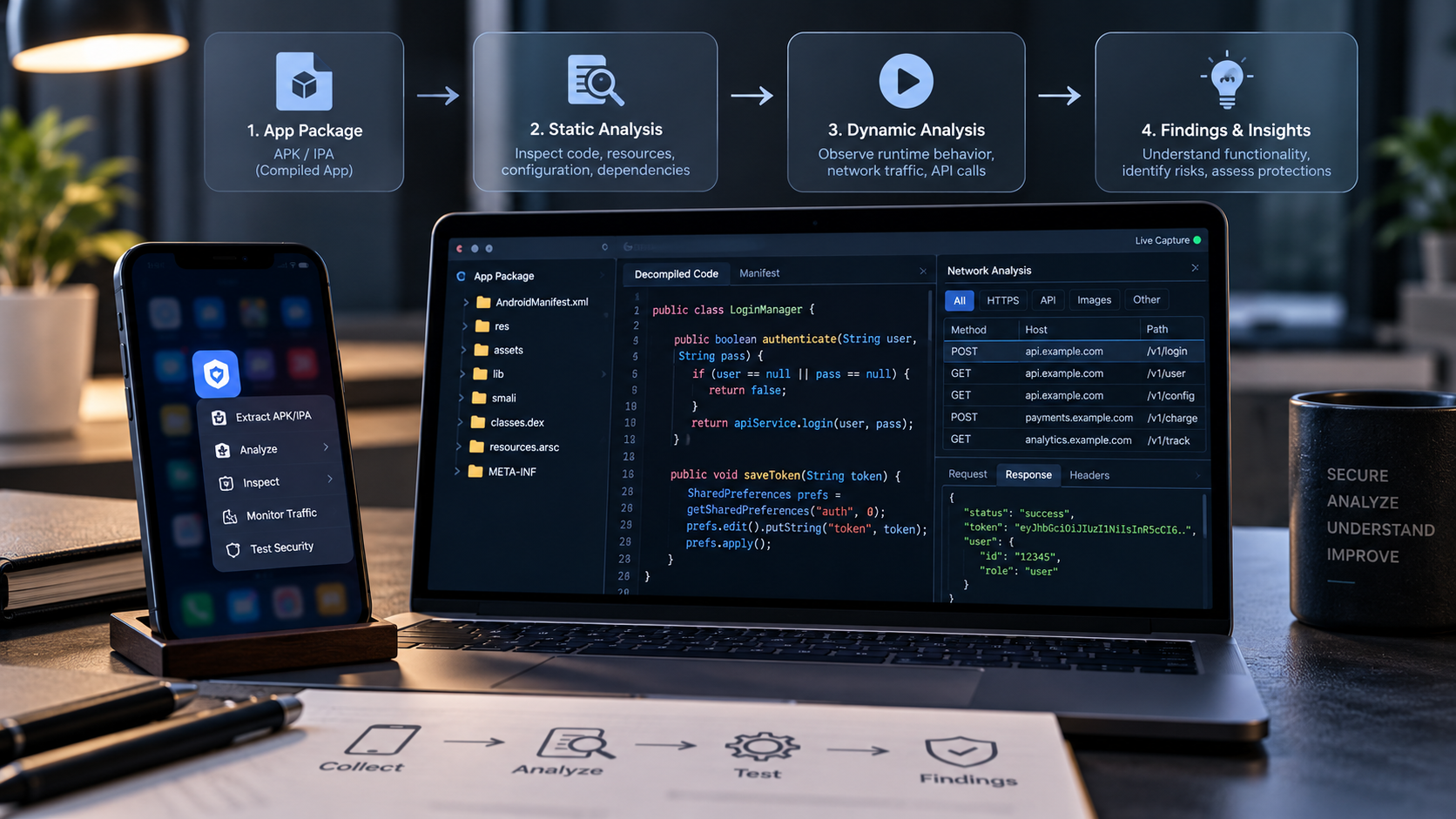 Reverse engineering workflow from app package to static and dynamic analysis and findings, with decompiled code and traffic