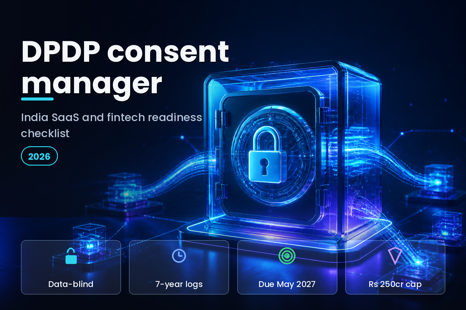 Abstract secure digital consent vault with encrypted data streams on a dark studio background