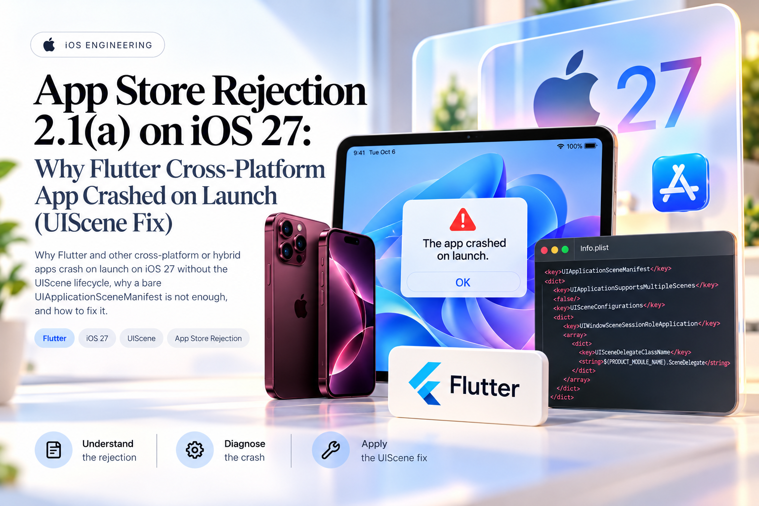 Title card on a Flutter App Store 2.1(a) rejection on iOS 27, with an Info.plist naming a SceneDelegate class