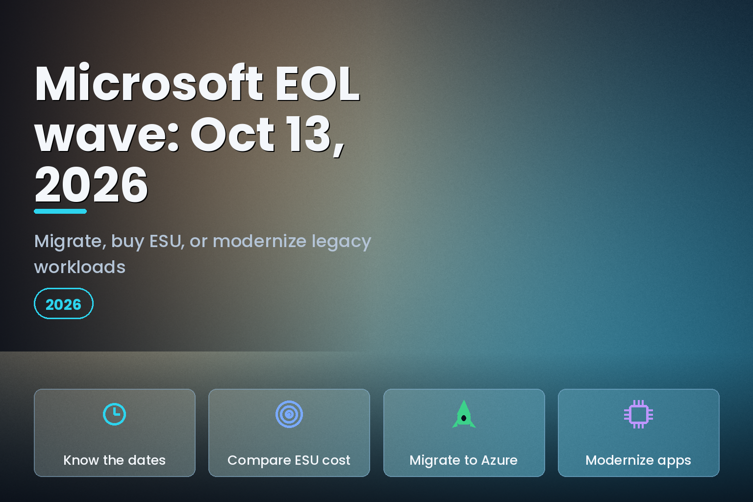Amber and teal graphic for a Microsoft end-of-life migration decision guide