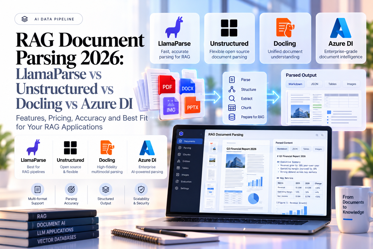 Title card comparing RAG document parsers LlamaParse, Unstructured, Docling and Azure DI beside a parsing dashboard