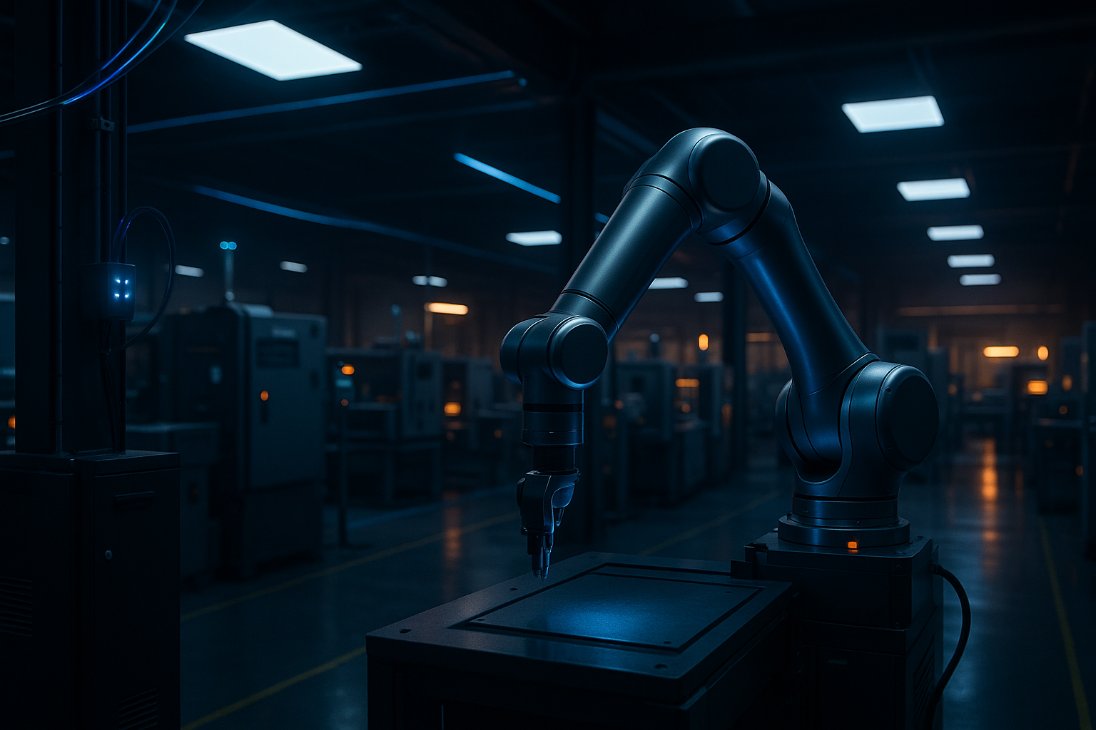 Manufacturing robot arm over factory workstation with sensor lighting
