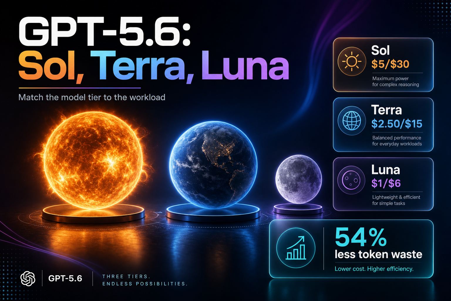 Three glowing orbs of different sizes representing AI model tiers