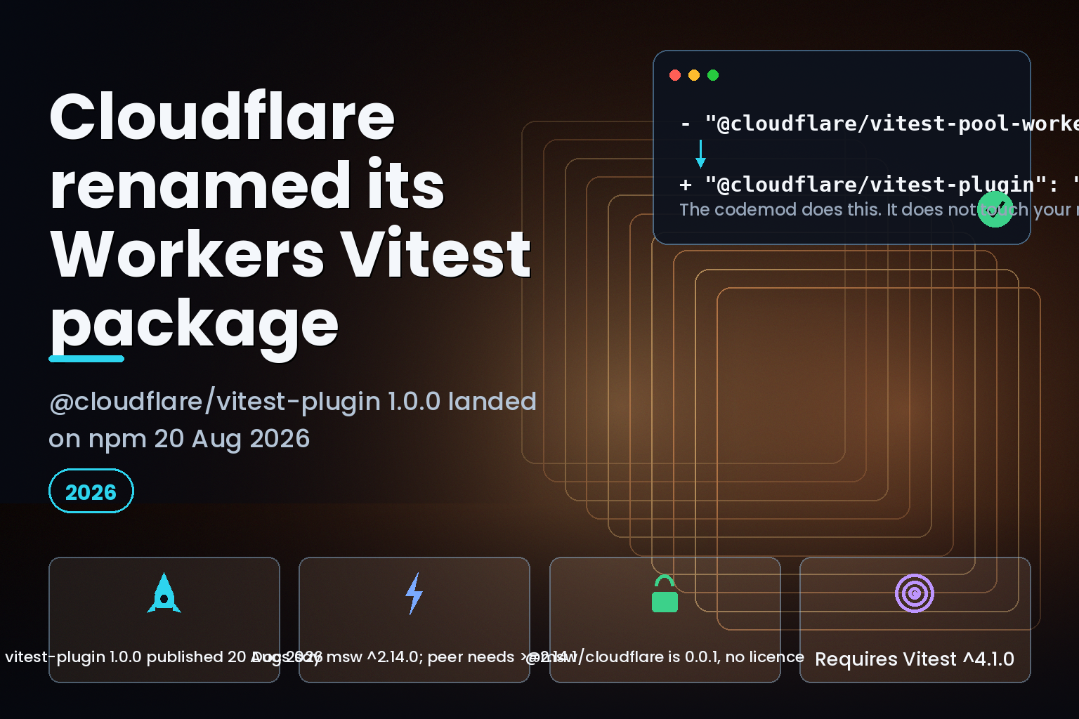 Cloudflare Workers Vitest package rename to @cloudflare/vitest-plugin 1.0.0, published on npm 20 August 2026