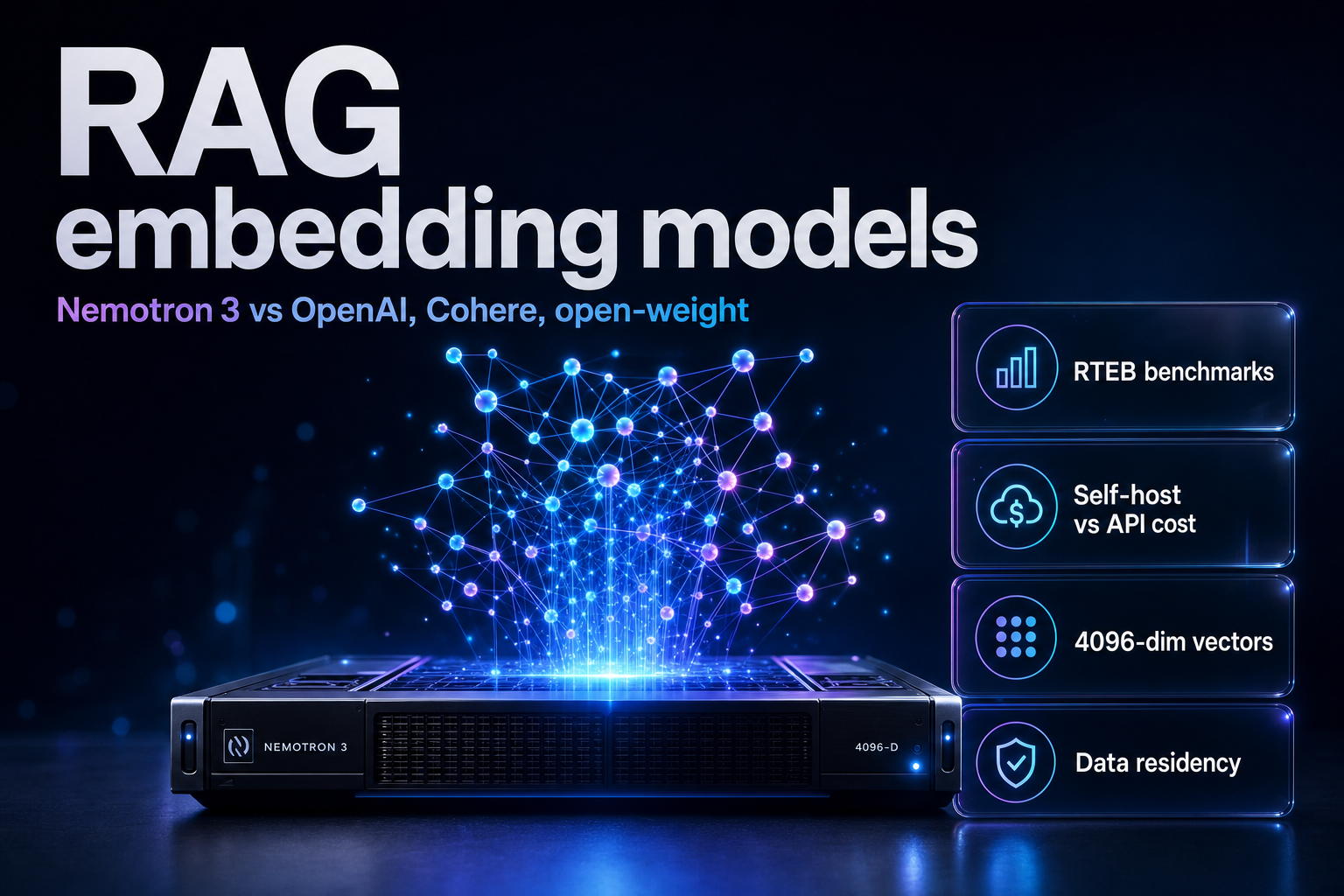 Glowing 3D network of vector nodes rising from a server GPU, illustrating RAG embedding models