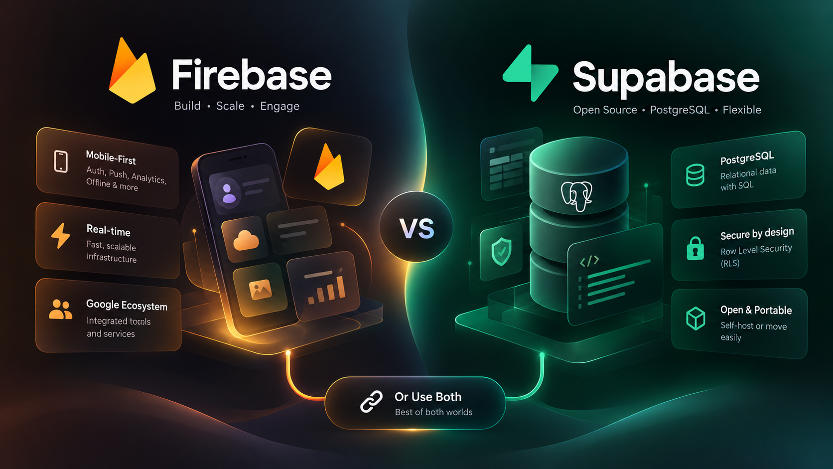 Firebase vs Supabase card: mobile, real-time and Google ecosystem against PostgreSQL, Row Level Security and portability