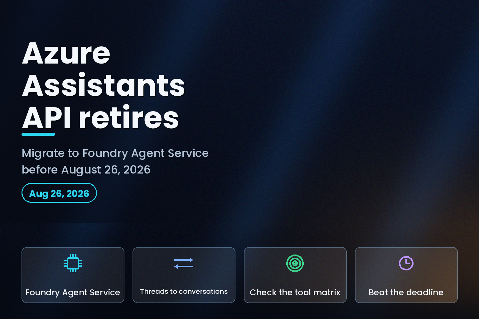 Dark data center graphic titled Azure Assistants API retires with migration steps