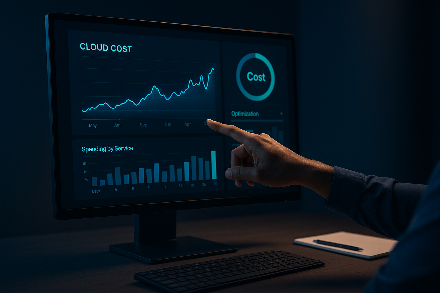 Cloud cost dashboard on monitor with optimization metrics and data visualizations