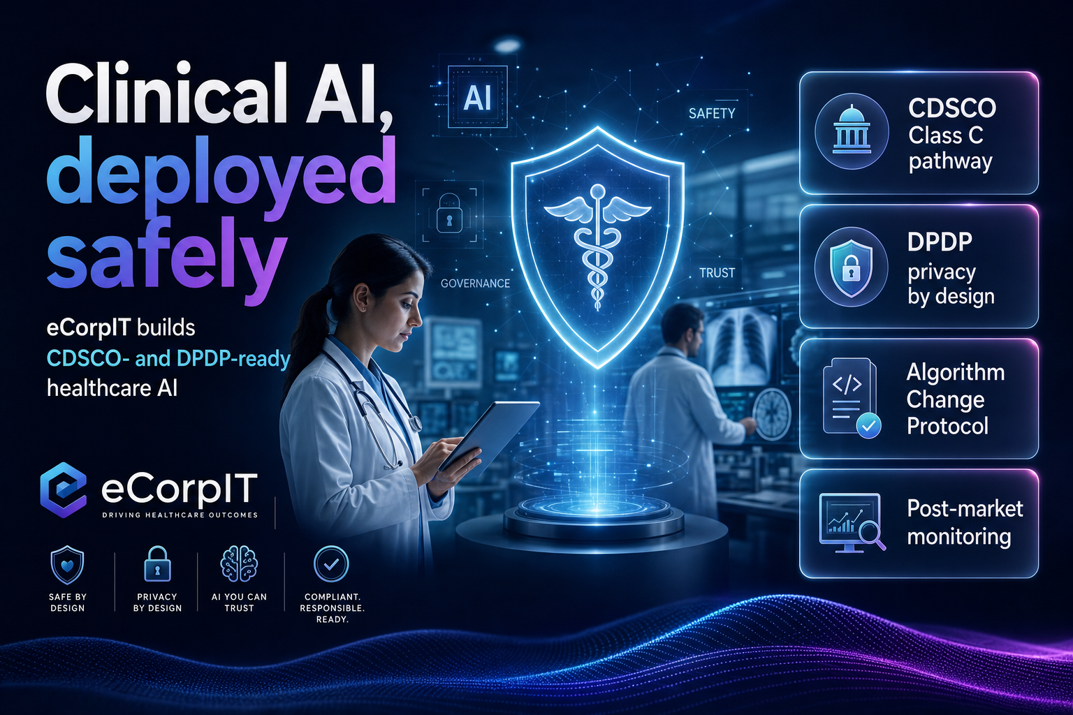 Abstract medical imaging display with an AI overlay and a shield motif for governance