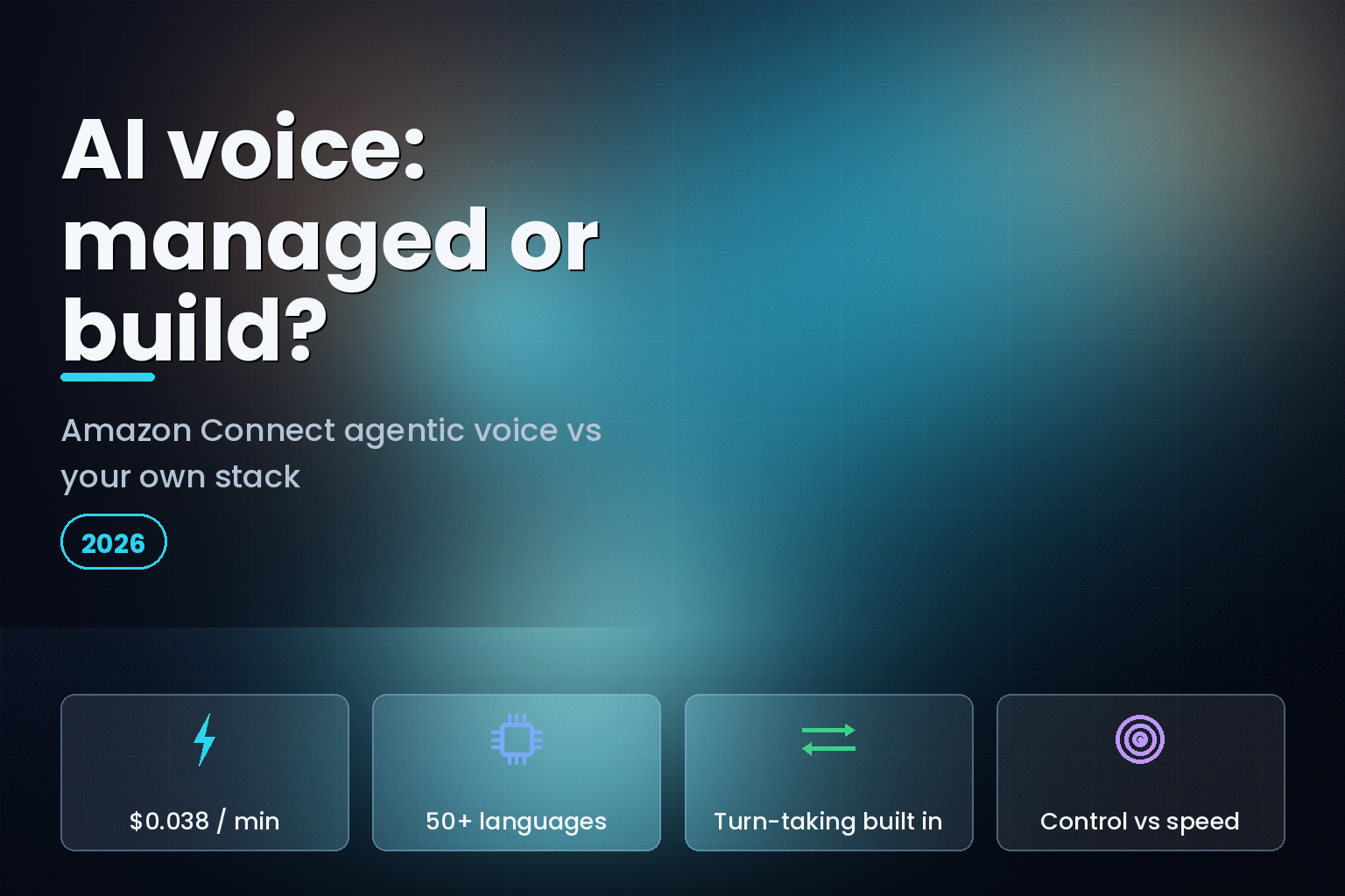 Glowing microphone and sound waves over a dark contact-center console for AI voice