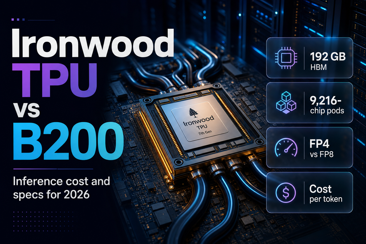 Glowing AI accelerator chip on a liquid-cooled data-center board