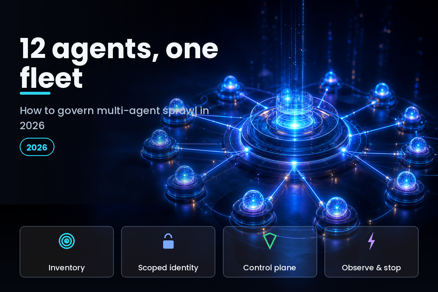 A glowing central hub linked to a dozen smaller agent nodes on a dark control dashboard
