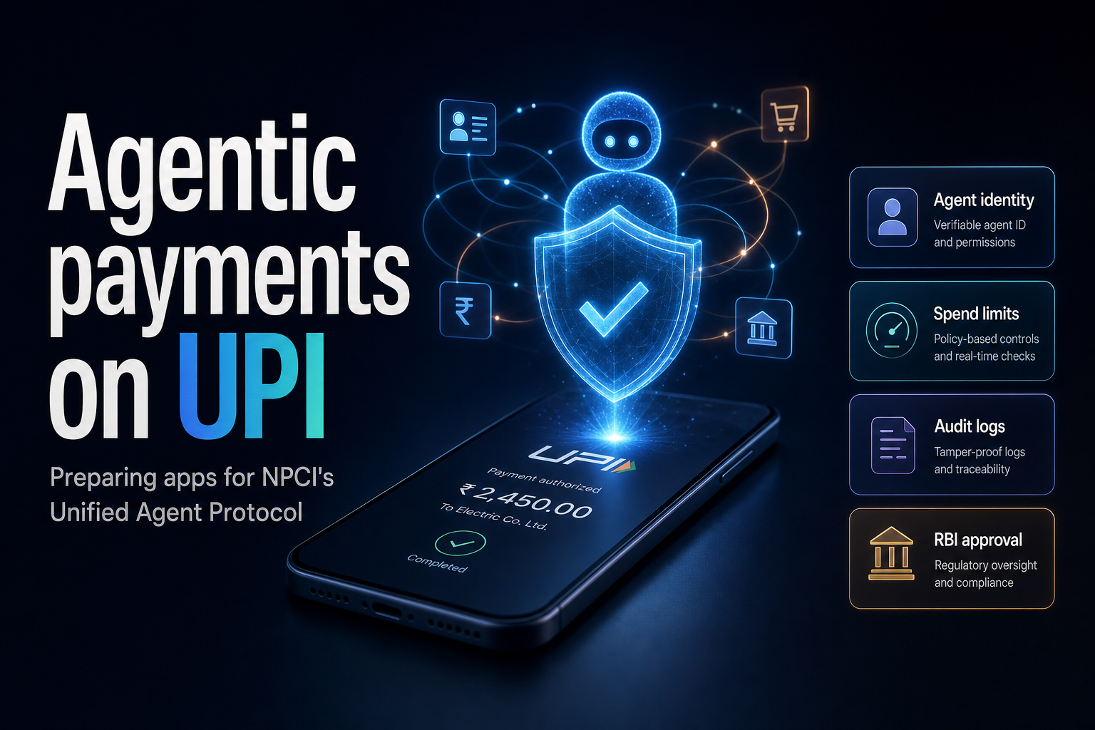 Smartphone with a glowing shield and network lines showing an AI agent authorising a UPI payment