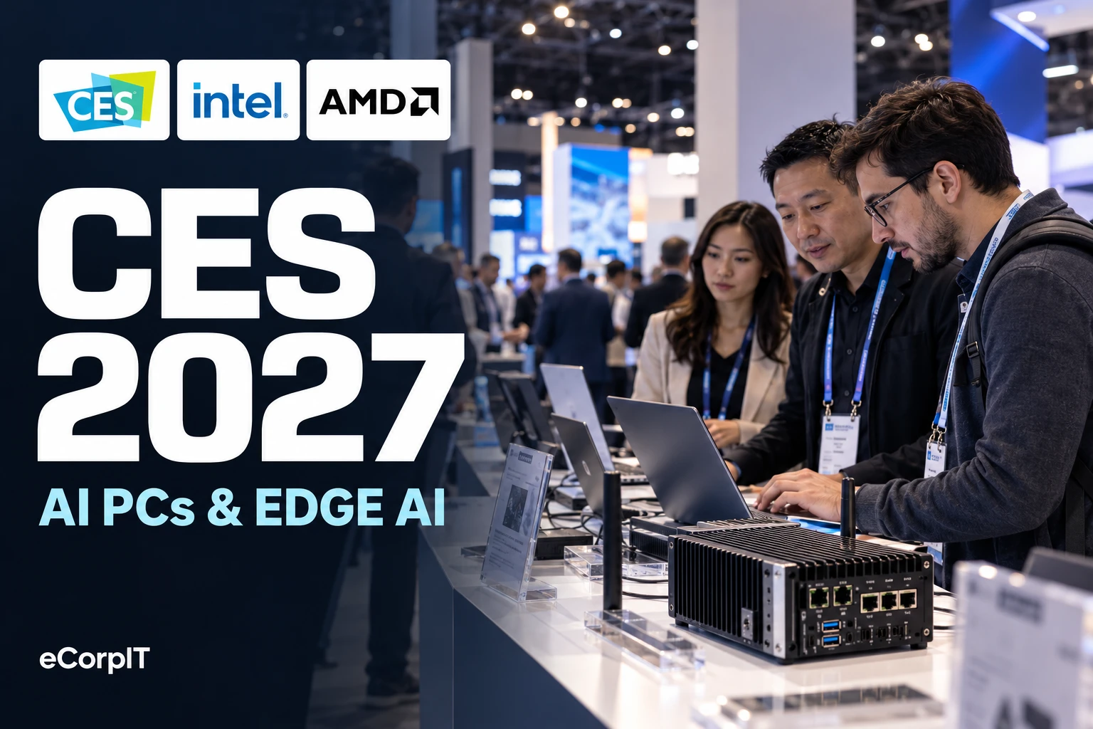 Three attendees with lanyards examine laptops and a fanless edge computer at a booth, with CES, Intel and AMD logos