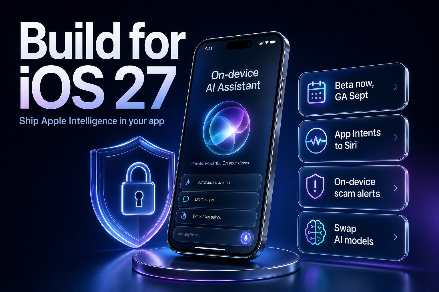 A premium smartphone glowing with an on-device AI assistant and a shield icon