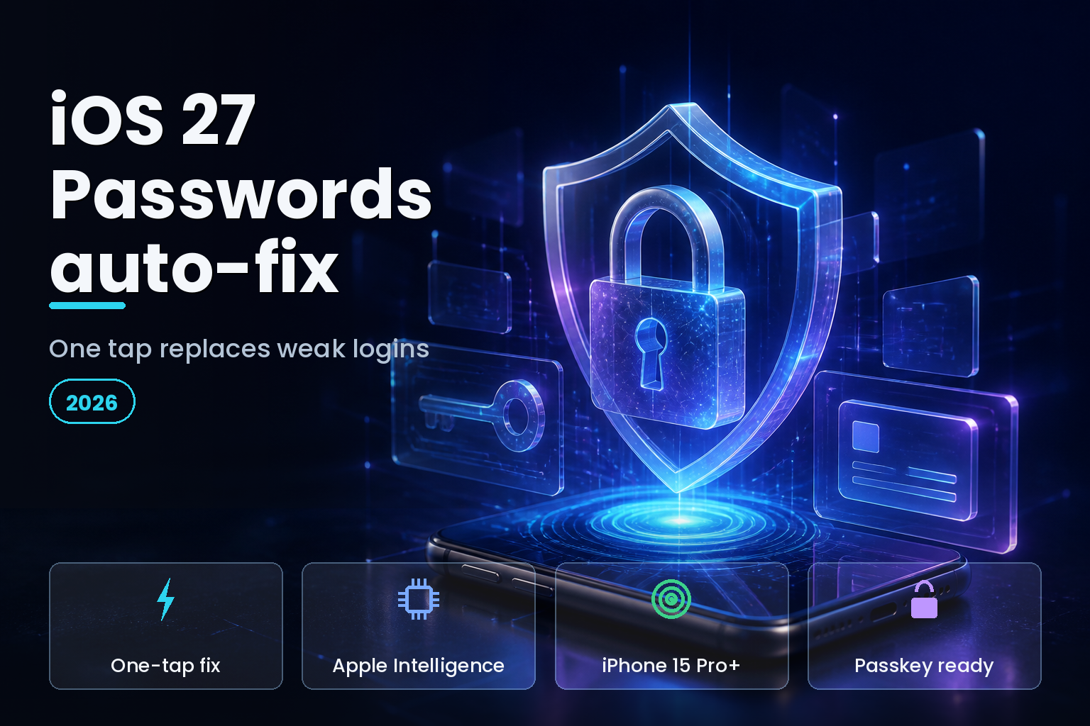 Glowing digital padlock and shield above a smartphone on a dark background