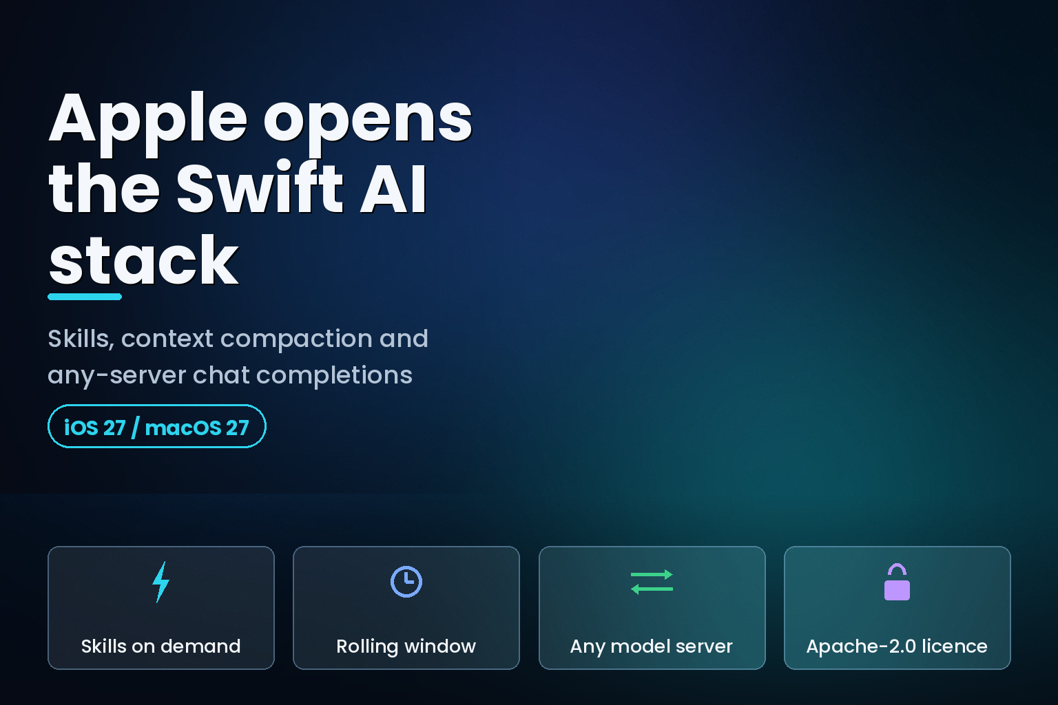 Swift code panels showing Skills, rolling window and chat completions options in Apple's Foundation Models utilities package